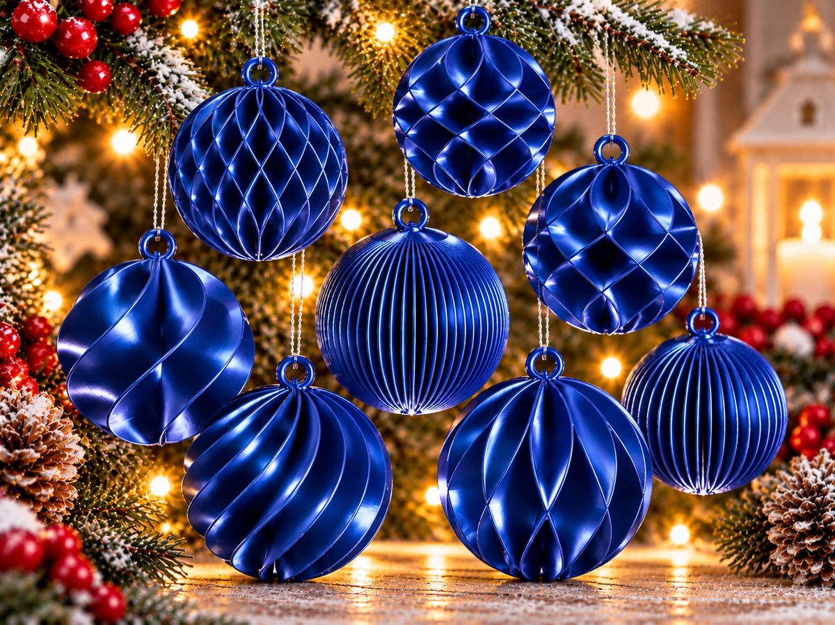 Ensemble de huit boules de Noël imprimées en 3D Bleu silk, avec huit motifs texturés différents et finition brillante effet silk