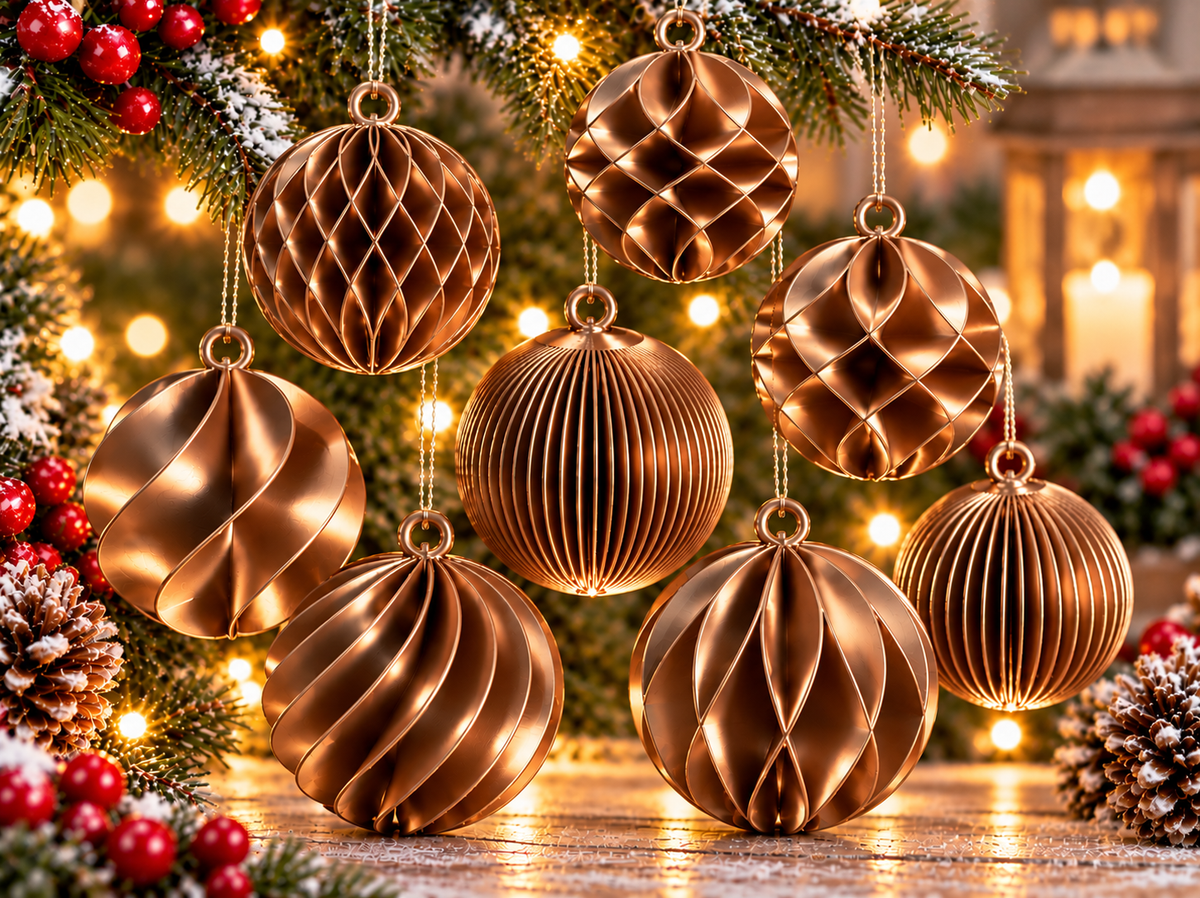 Ensemble de huit boules de Noël imprimées en 3D Bronze silk, avec huit motifs texturés différents et finition brillante effet silk