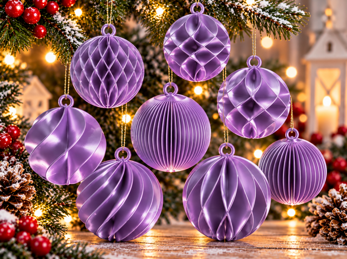 Ensemble de huit boules de Noël imprimées en 3D mauve silk, avec huit motifs texturés différents et finition brillante effet silk