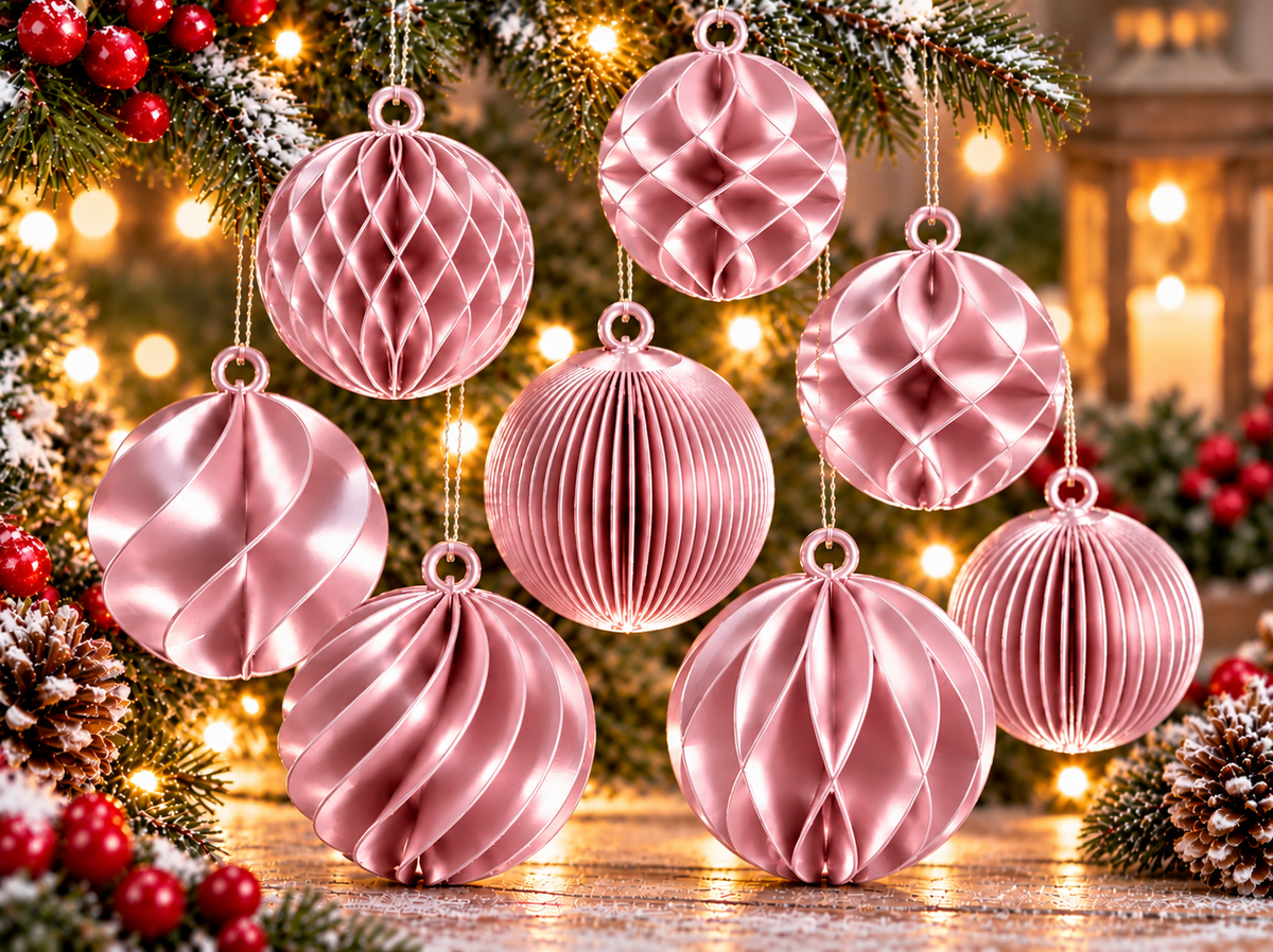 Ensemble de huit boules de Noël imprimées en 3D Rose pâle silk, avec huit motifs texturés différents et finition brillante effet silk