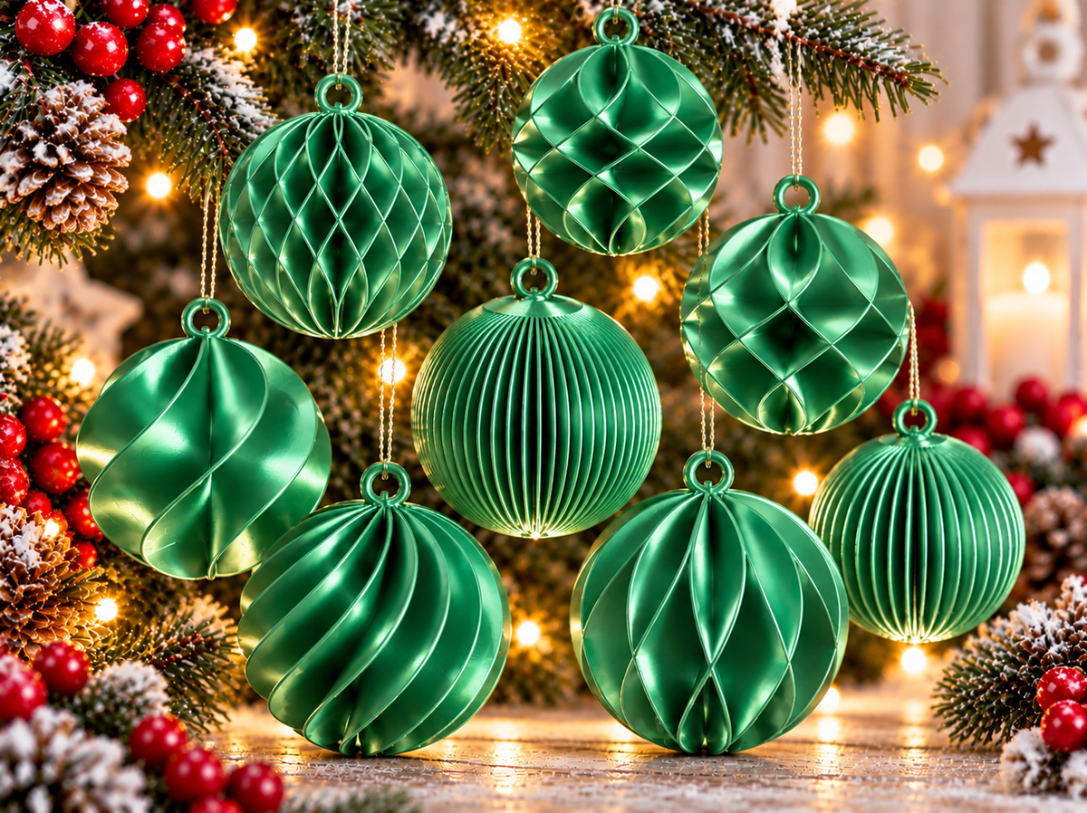 Ensemble de huit boules de Noël imprimées en 3D Vert silk, avec huit motifs texturés différents et finition brillante effet silk