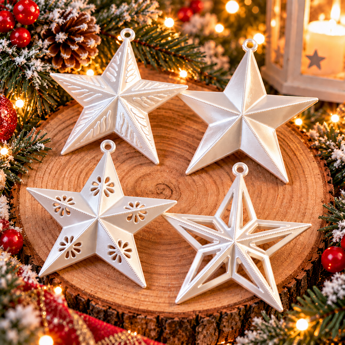 Ensemble de quatre étoiles de Noël Blanc Silk imprimées en 3D, quatre modèles différents à suspendre au sapin⠋