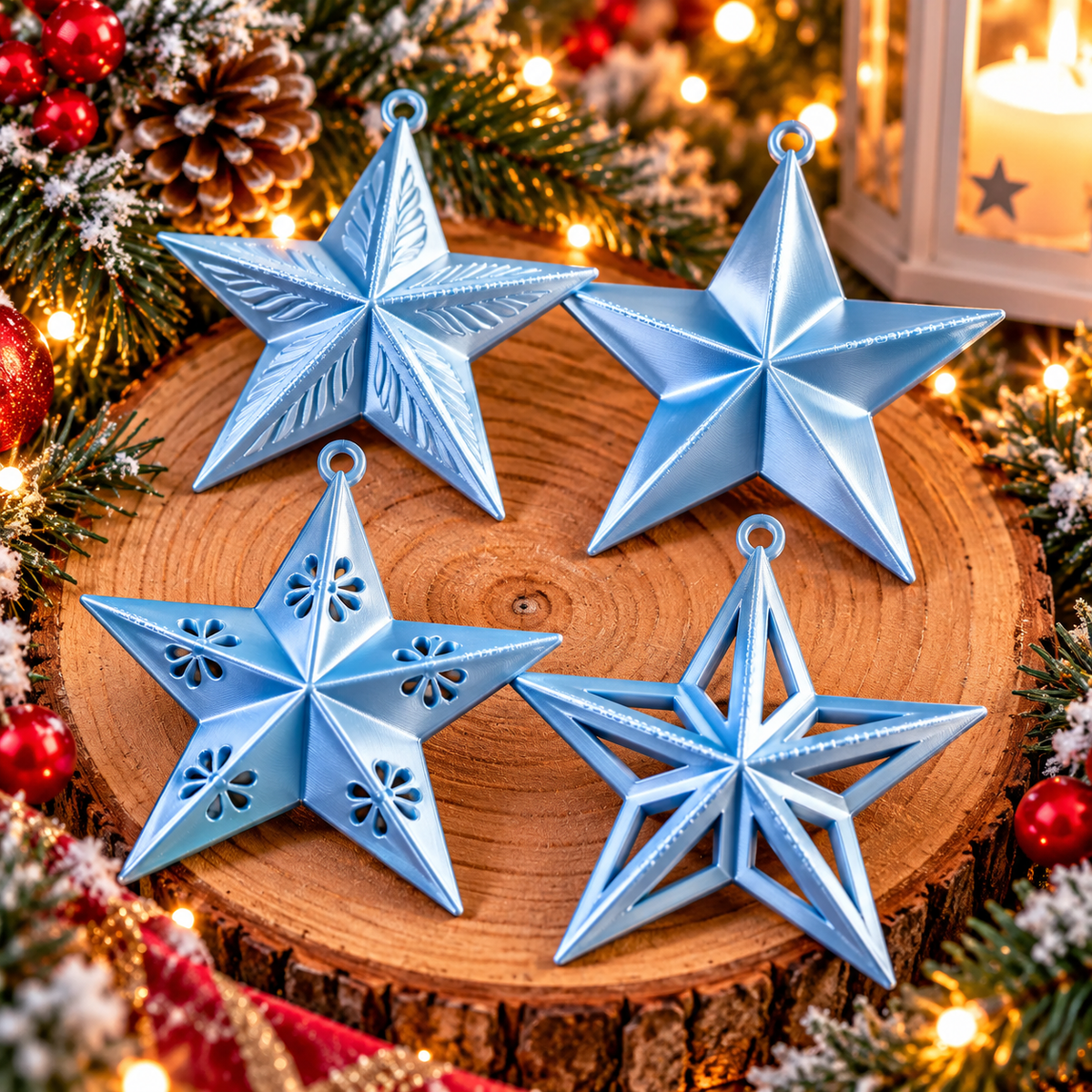Ensemble de quatre étoiles de Noël Bleu Pâle Silk imprimées en 3D, quatre modèles différents à suspendre au sapin⠋