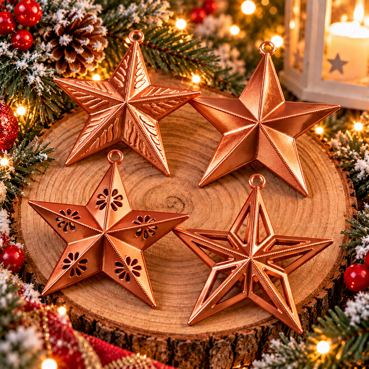 Ensemble de quatre étoiles de Noël Bronze Silk imprimées en 3D, quatre modèles différents à suspendre au sapin⠋