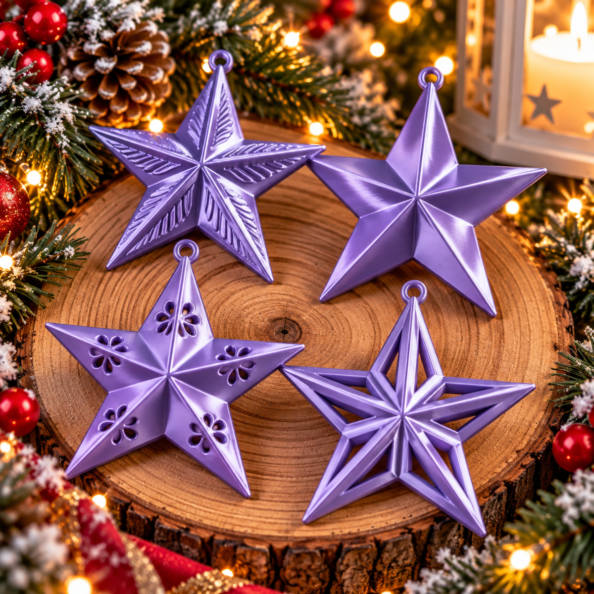 Ensemble de quatre étoiles de Noël Mauve Silk imprimées en 3D, quatre modèles différents à suspendre au sapin⠋