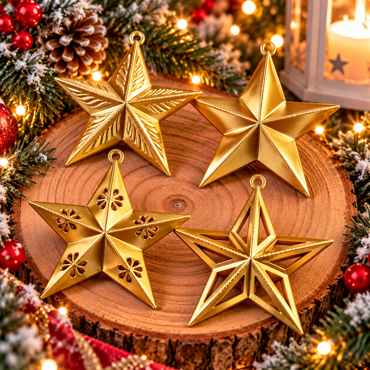 Ensemble de quatre étoiles de Noël Or Silk imprimées en 3D, quatre modèles différents à suspendre au sapin⠋