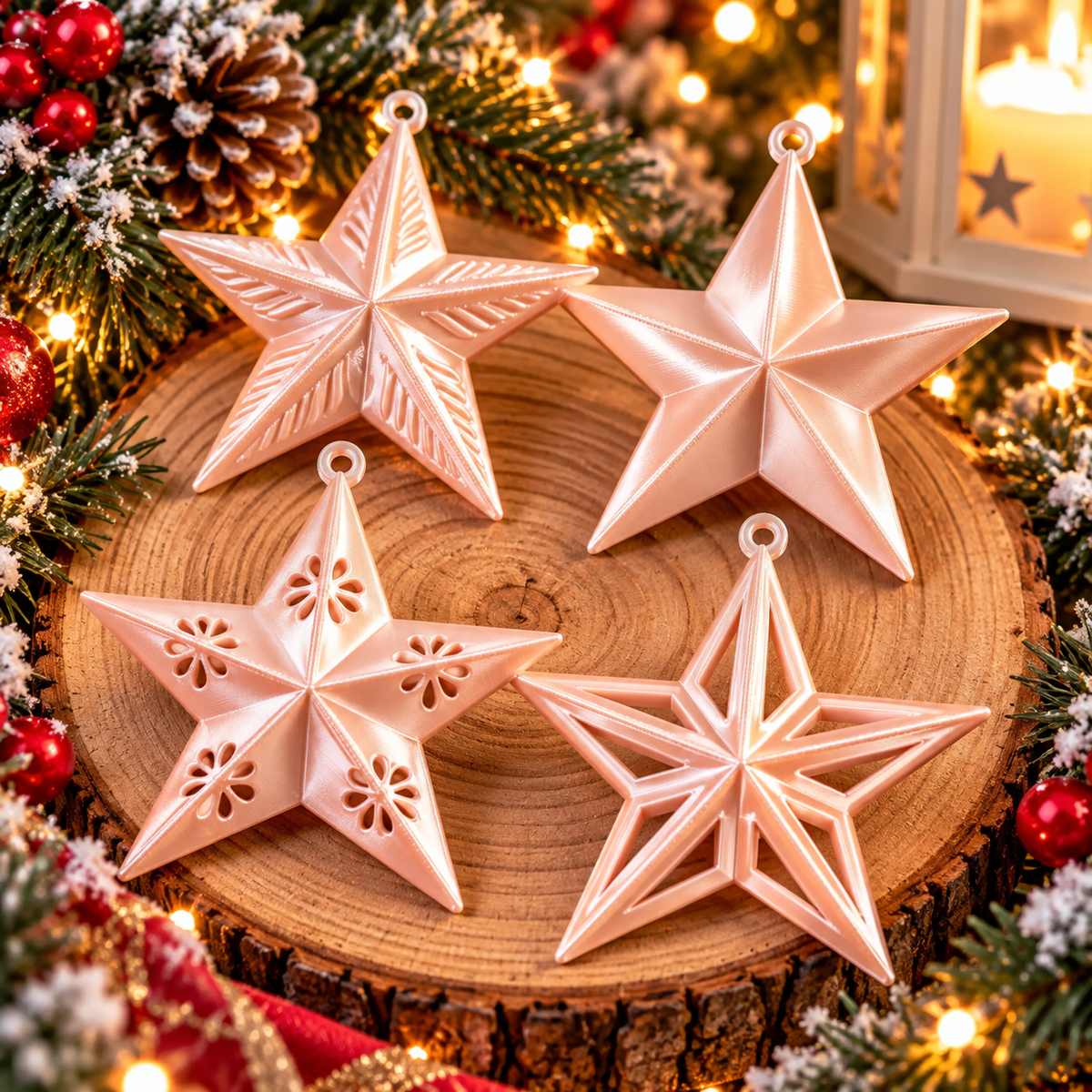 Ensemble de quatre étoiles de Noël Rose Silk imprimées en 3D, quatre modèles différents à suspendre au sapin⠋