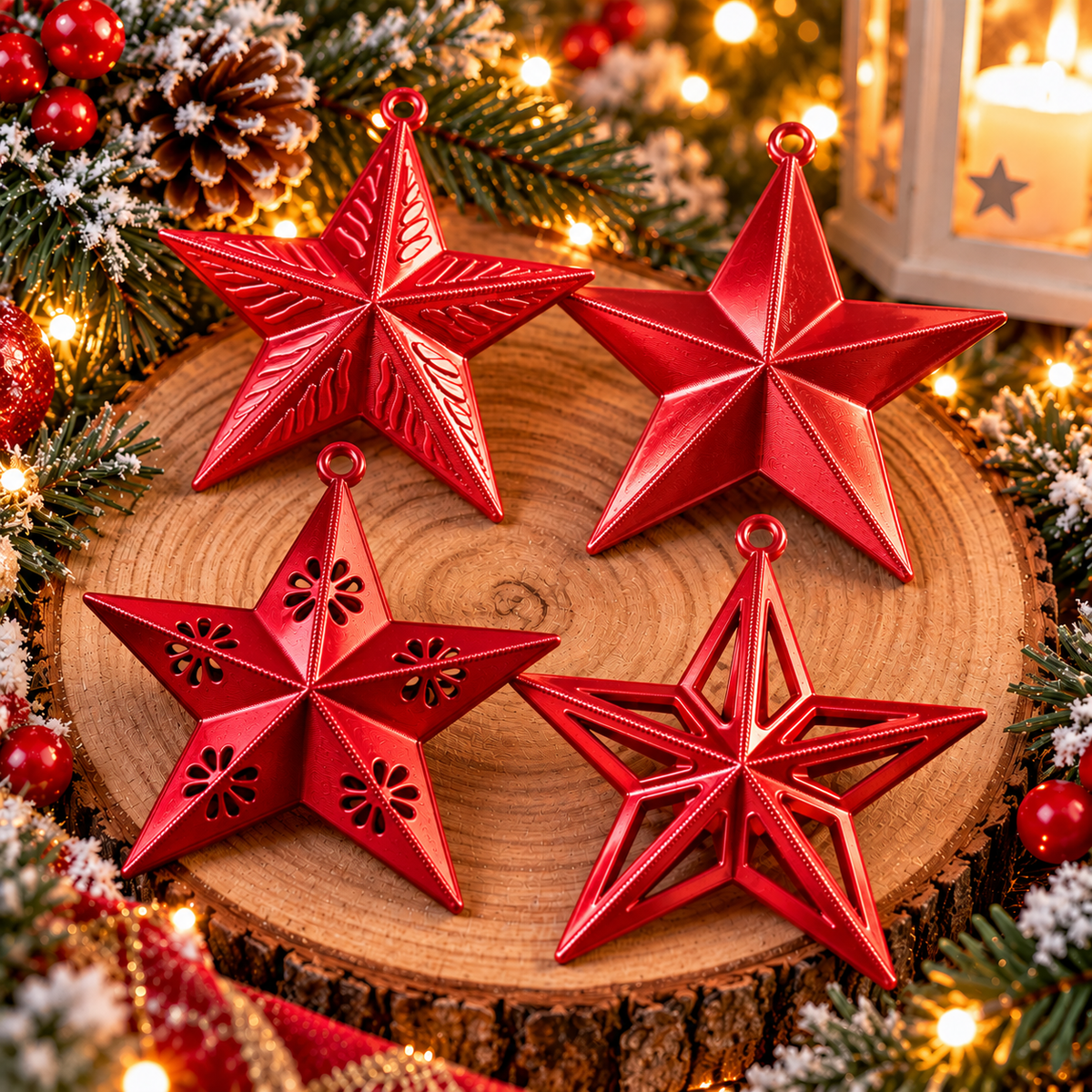 Ensemble de quatre étoiles de Noël rouge Silk imprimées en 3D, quatre modèles différents à suspendre au sapin⠋