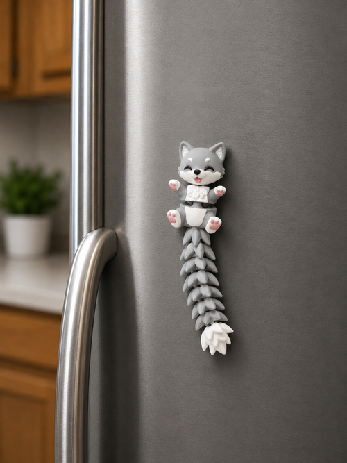 Aimant à frigo loup articulé kawaii imprimé en 3D, figurine flexible décorative, cadeau original pour amoureux des loups, fabriqué au Québec