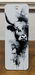"Marque-page highland cow aquarelle imprimé en 3D, design noir et blanc, fabriqué au Québec"