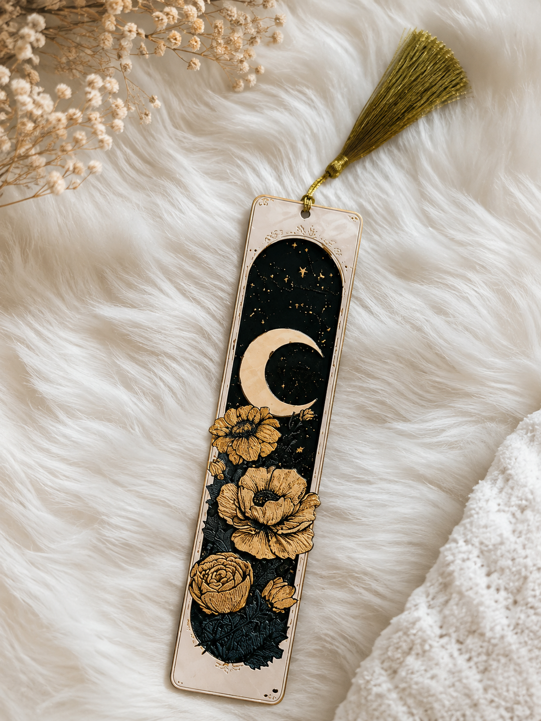 "Marque-page Croissant de Lune et Fleurs Dorées imprimé en 3D, ciel étoilé, tons noir blanc et or avec pompon"