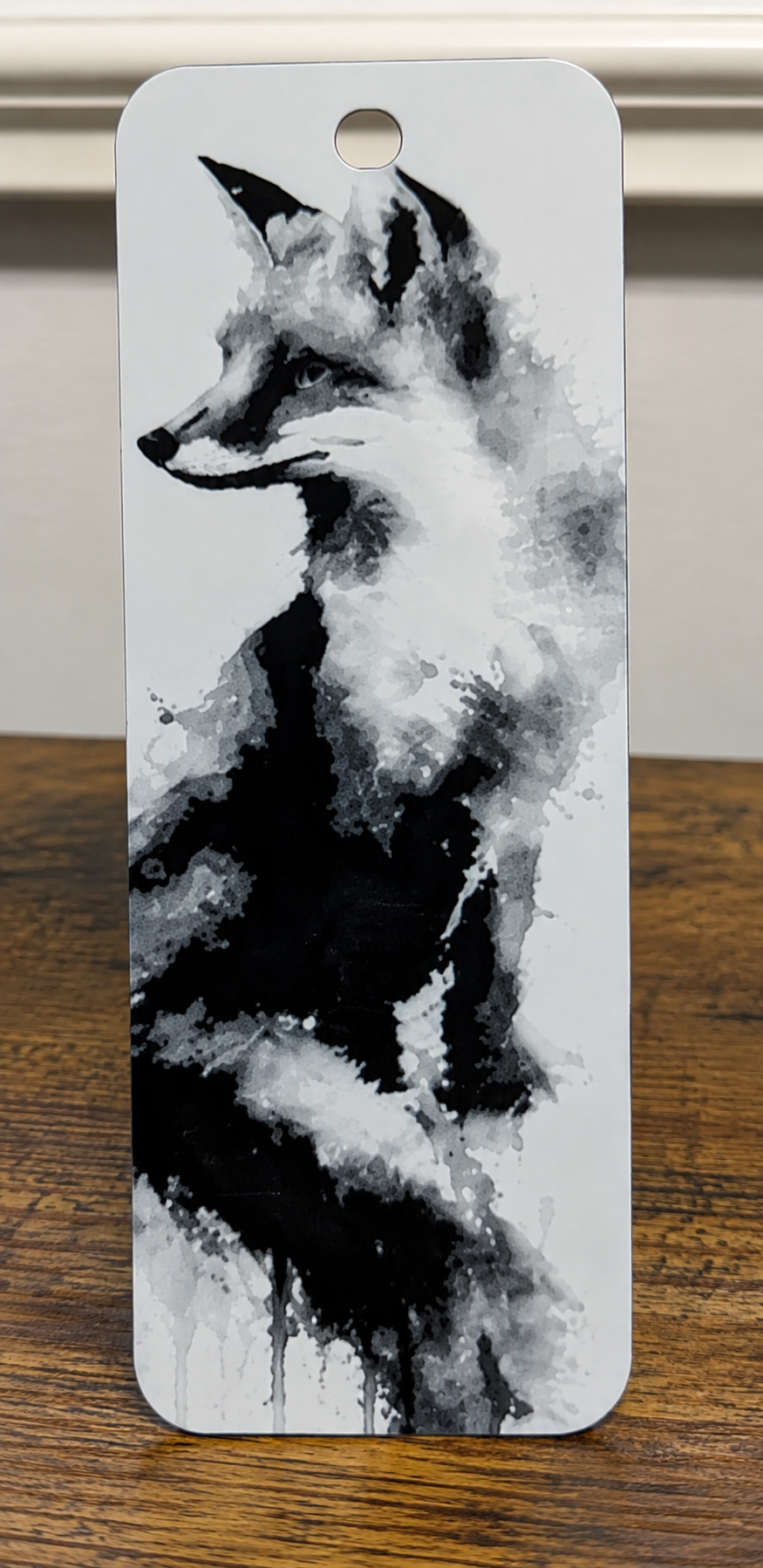 "Marque-page renard style aquarelle imprimé en 3D, design noir et blanc"