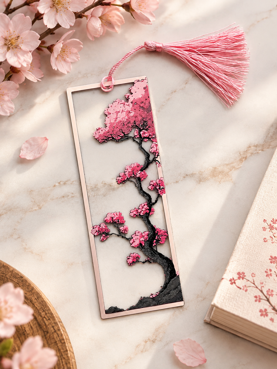 "Marque-page Cerisier en Fleurs imprimé en 3D, design ajouré, nuances de rose et branches noires avec pompon rose"