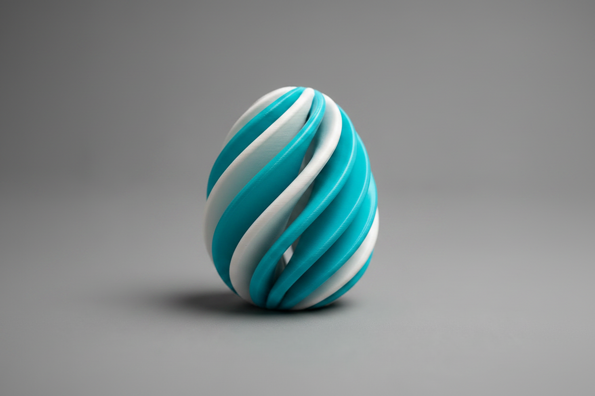 Œuf Infinity imprimé en 3D bicolore turquoise et blanc, figurine géométrique effet hypnotisant, fabriqué au Québec