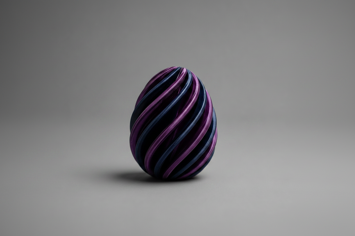 Œuf Infinity imprimé en 3D bicolore bleu foncé et violet, figurine géométrique effet hypnotisant, fabriqué au Québec