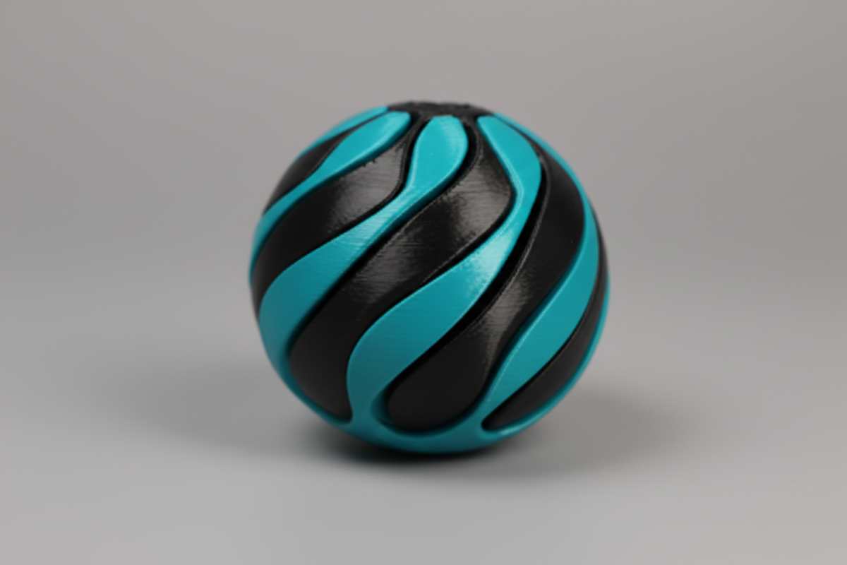 Balle ruban infinie imprimée en 3D bicolore cyan et noir, jouet sensoriel anti-stress satisfaisant, fabriqué au Québec