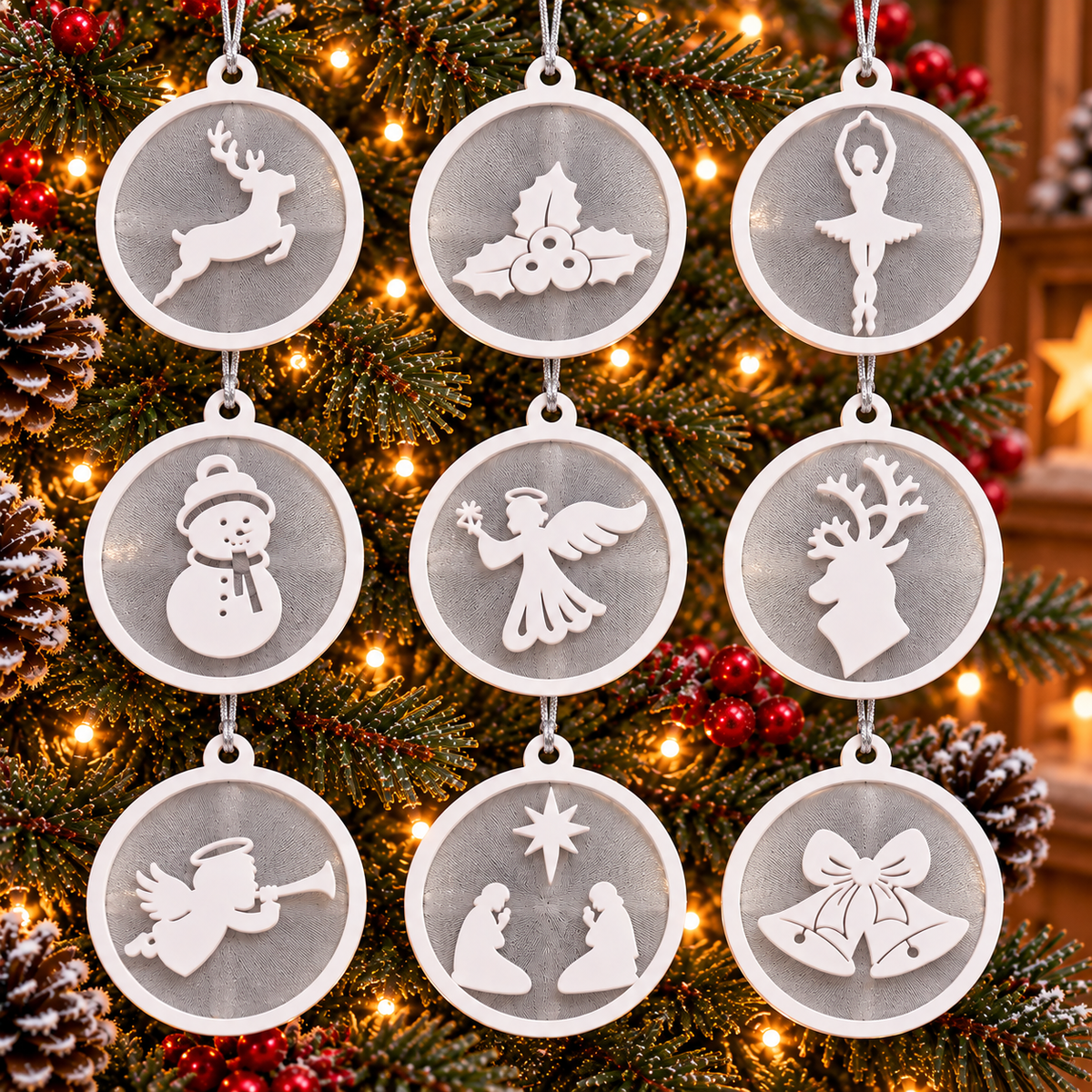 Neuf ornements de Noël à cadres et motifs blancs sur tulle argenté, suspendus dans un sapin illuminé.