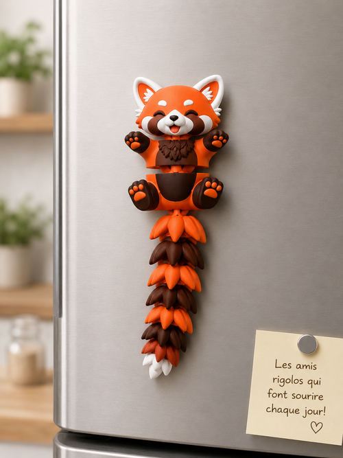 Aimant à frigo panda roux articulé kawaii imprimé en 3D, figurine flexible aux couleurs automnales, cadeau original et mignon, fabriqué au Québec