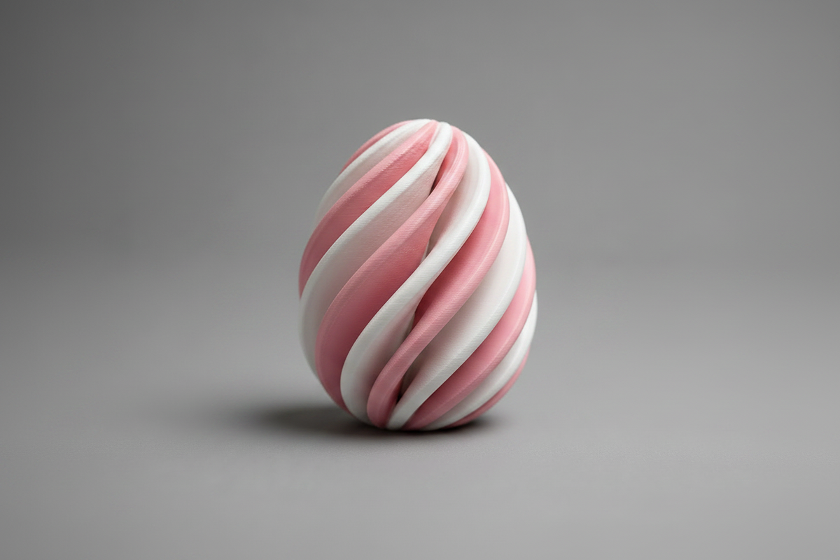 Œuf Infinity imprimé en 3D bicolore rose et blanc, figurine géométrique effet hypnotisant, fabriqué au Québec