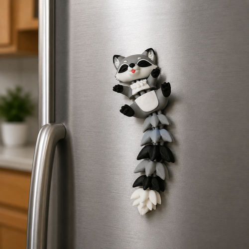Aimant à frigo raton laveur articulé kawaii imprimé en 3D, figurine flexible décorative, cadeau original et amusant, fabriqué au Québec