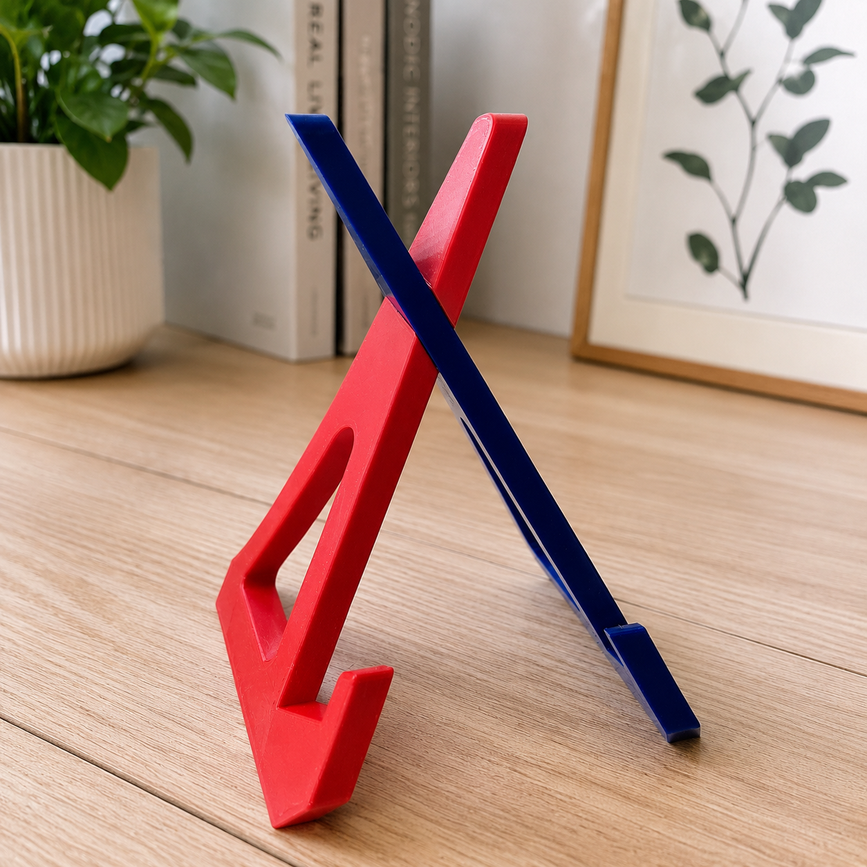 Support de livre minimaliste 2 pièces imprimé en 3D, design léger et facile à monter, idéal pour lire à table ou au bureau, fabriqué au Québec