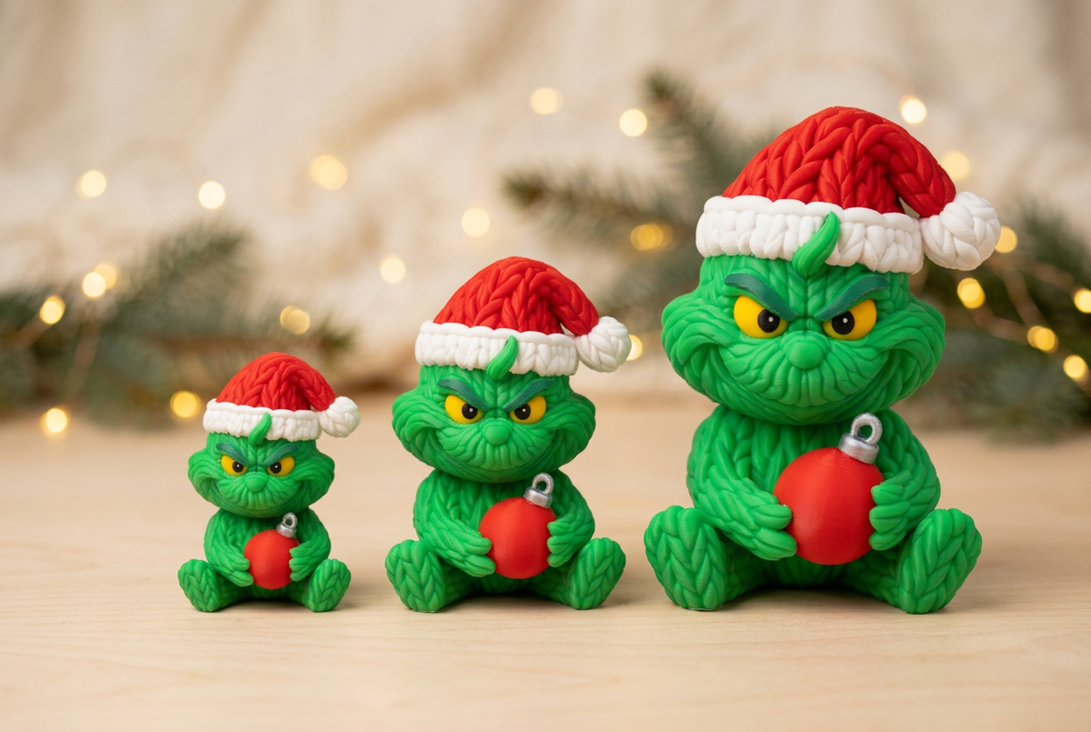 Trois figurines du Grinch avec bonnet de Noël et boule rouge, présentées côte à côte en petit, moyen et grand format.